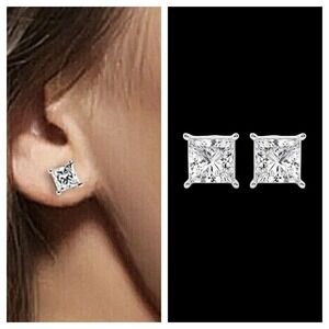 3 Ct Princess Moissanite Earrings 925 Sterling Silver Rhodium Platinum Finish